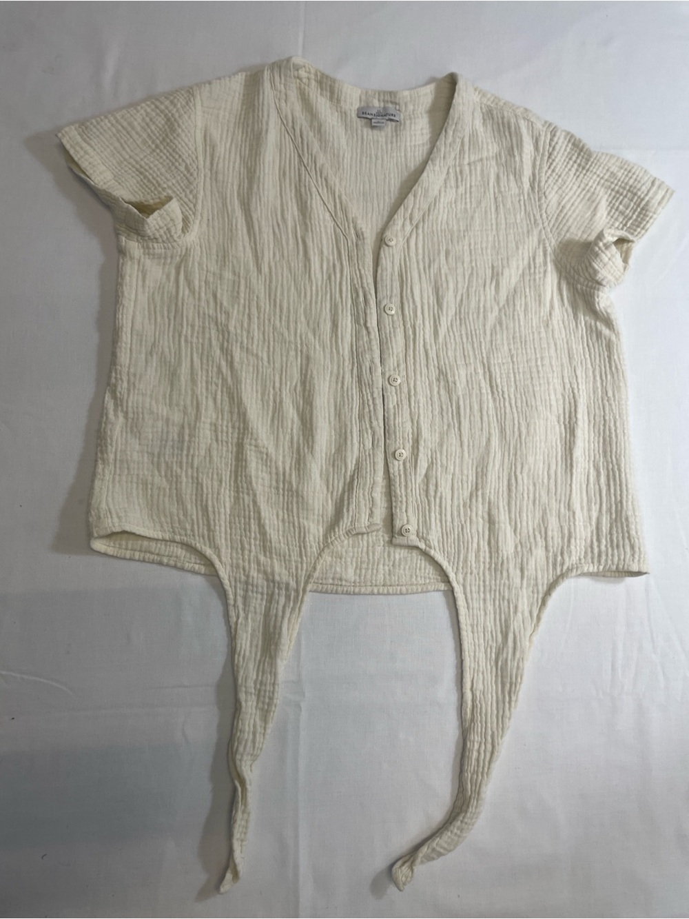 L.L.Bean Ecru Cloud Gauze Tie-Front V neck button down s/s Shirt S